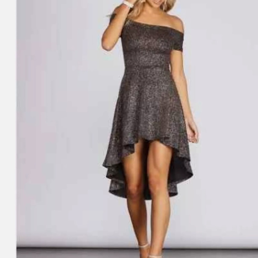 Windsor Off the Shoulders Grey Glitter Glam High Low Dress